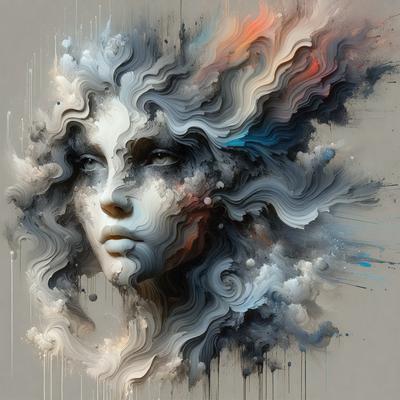 The primary subject of the image is a woman's face, which is the main focus of the image. The setting is a painting or digital artwork, with a background that includes clouds and a colorful, abstract design. The visual style is artistic and creative, with a focus on the woman's face and the surrounding abstract elements. The colors and mood of the image are vibrant and dynamic, with a mix of bright and bold colors that create a lively and engaging atmosphere.